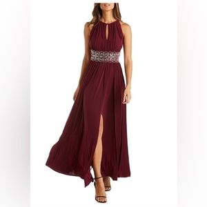 R & M Richards Beaded Waist Keyhole Neck Front Slit A-Line Gown
